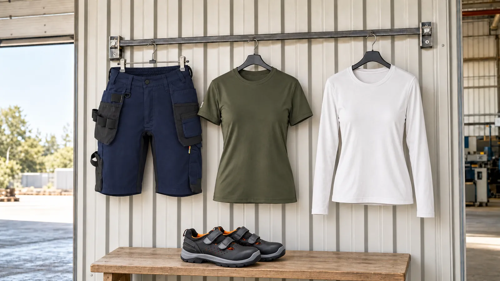 Damenausstattung: Damen Handwerker Shorts mit Stretch 7133, Damen UV Funktions T-Shirt 3426, Damen Langarmshirt 3301, ELITE Sicherheitssandale S1P 2449.