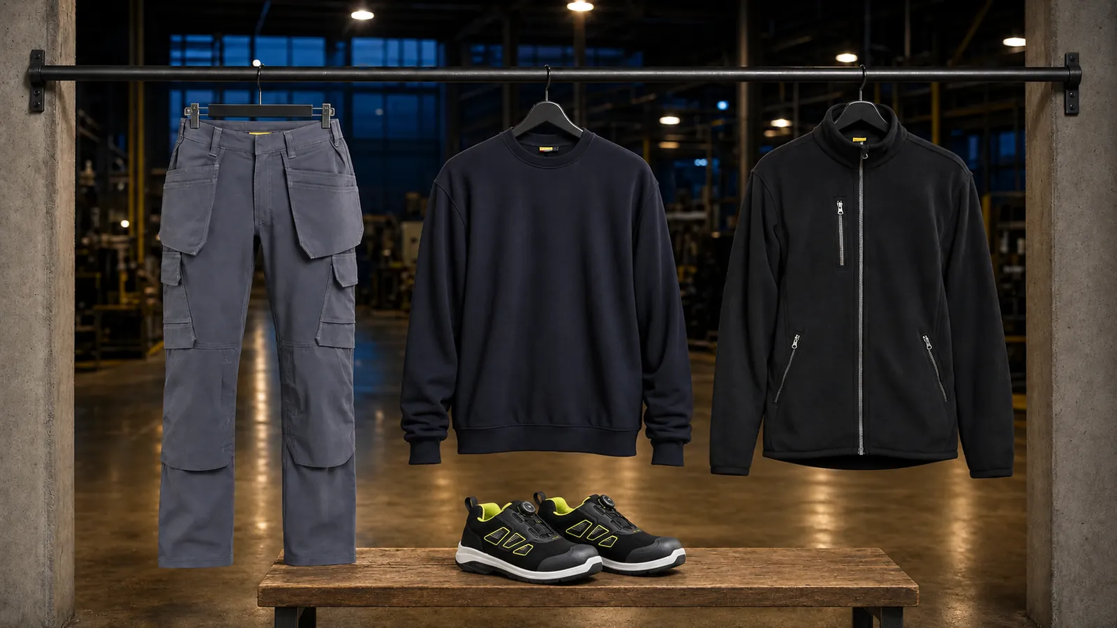 Herrenausstattung: Industrie Arbeitshose Stretch 1463, Sweatshirt 3585, Fleecejacke 4830, Cradle Sicherheitsschuh S1PL 2440.