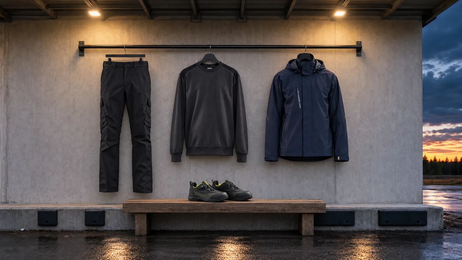 Herrenausstattung: Industrie Arbeitshose Stretch 1444, Sweatshirt 3580, Shell Jacke Stretch 4483, CRADLE Sicherheitsschuh S3L 2438.