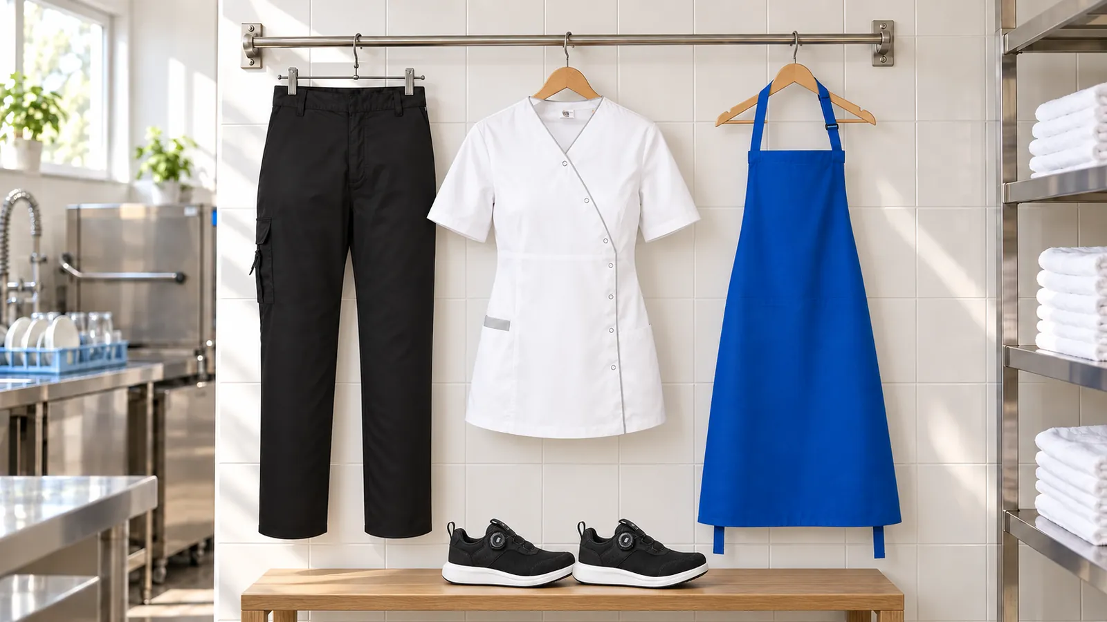 Damenausstattung: COMBAT DAMEN BUNDHOSE, Damenkittel aus Baumwollpolyester mit Druckknöpfen, Latzschürze Basic mit Tasche und Schnalle, BREEZE Damen Arbeitsschuh O1 2283.