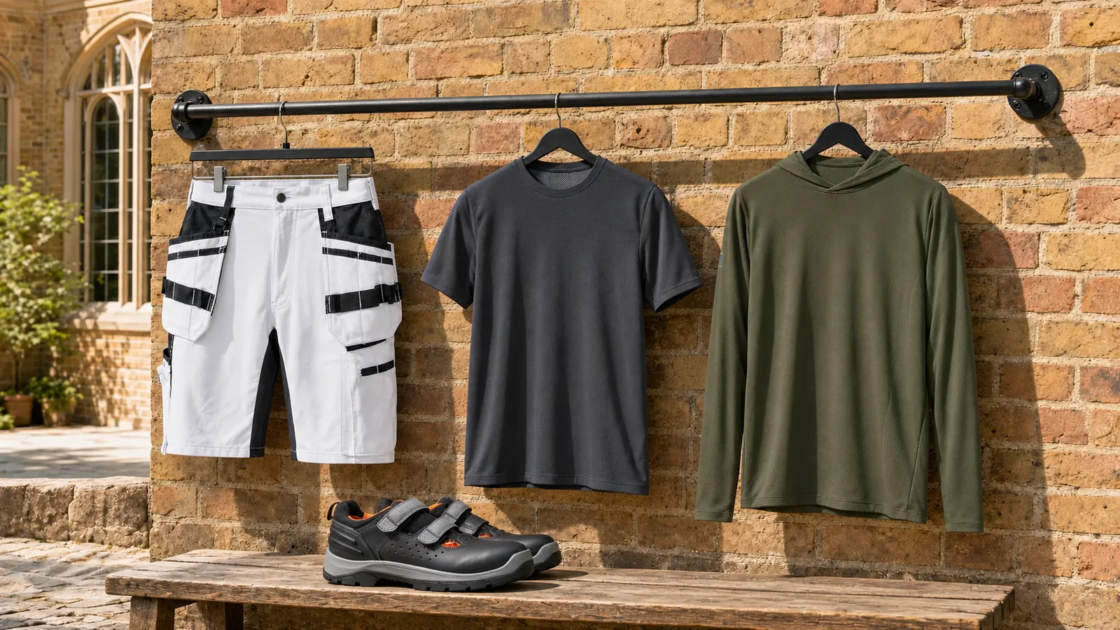 Herrenausstattung: Maler Shorts mit Stretch X1900 1911, UV Funktions T-Shirt 3415, UV Funktions Langarmshirt mit Kapuze 3417, ELITE Sicherheitssandale S1P 2449.