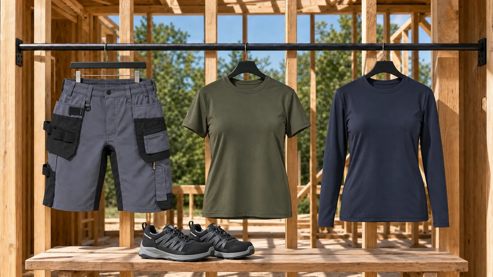 Damenausstattung: Damen Handwerker Shorts mit Stretch 7133, Damen UV Funktions T-Shirt 3426, Damen UV Funktions Langarmshirt 3427, SPRINTER Sicherheitsschuh S1PS 2402.