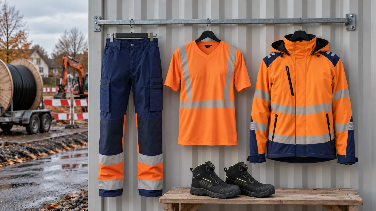 Herrenausstattung: High Vis Arbeitshose mit Stretch 1551, High Vis UV T-Shirt 3386, High Vis Softshell Winterjacke 4400, STORM Sicherheitsstiefel S7S Wasserdicht 2478.