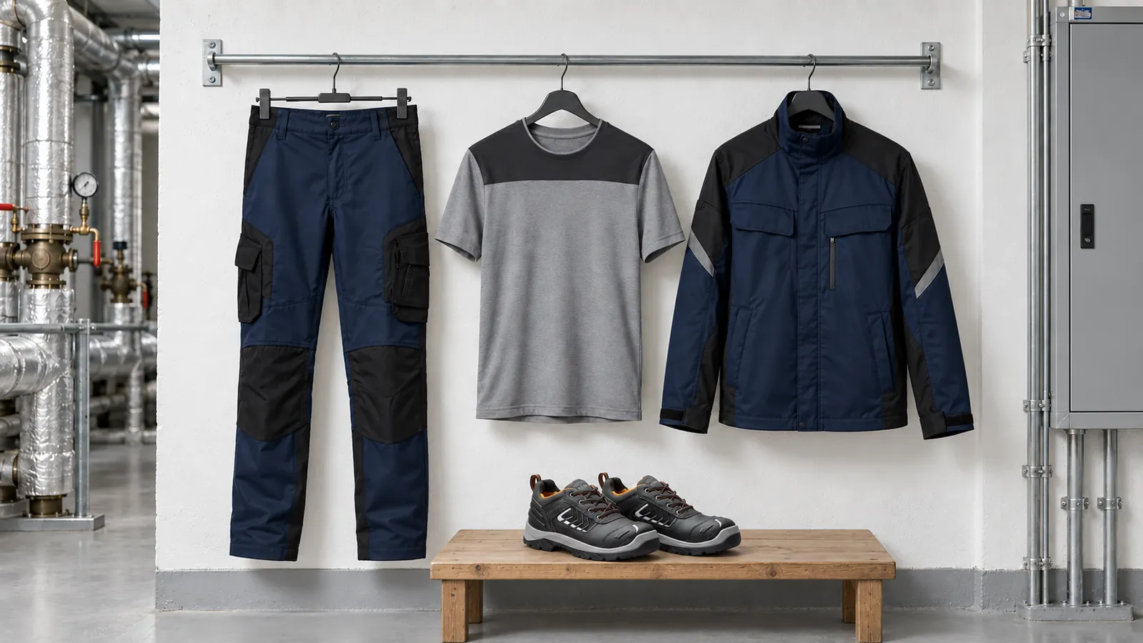 Herrenausstattung: Florian — Arbeitshose, Knut — T-Shirt, Frank — Arbeitsjacke, ELITE Sicherheitsschuh S3S 2450.