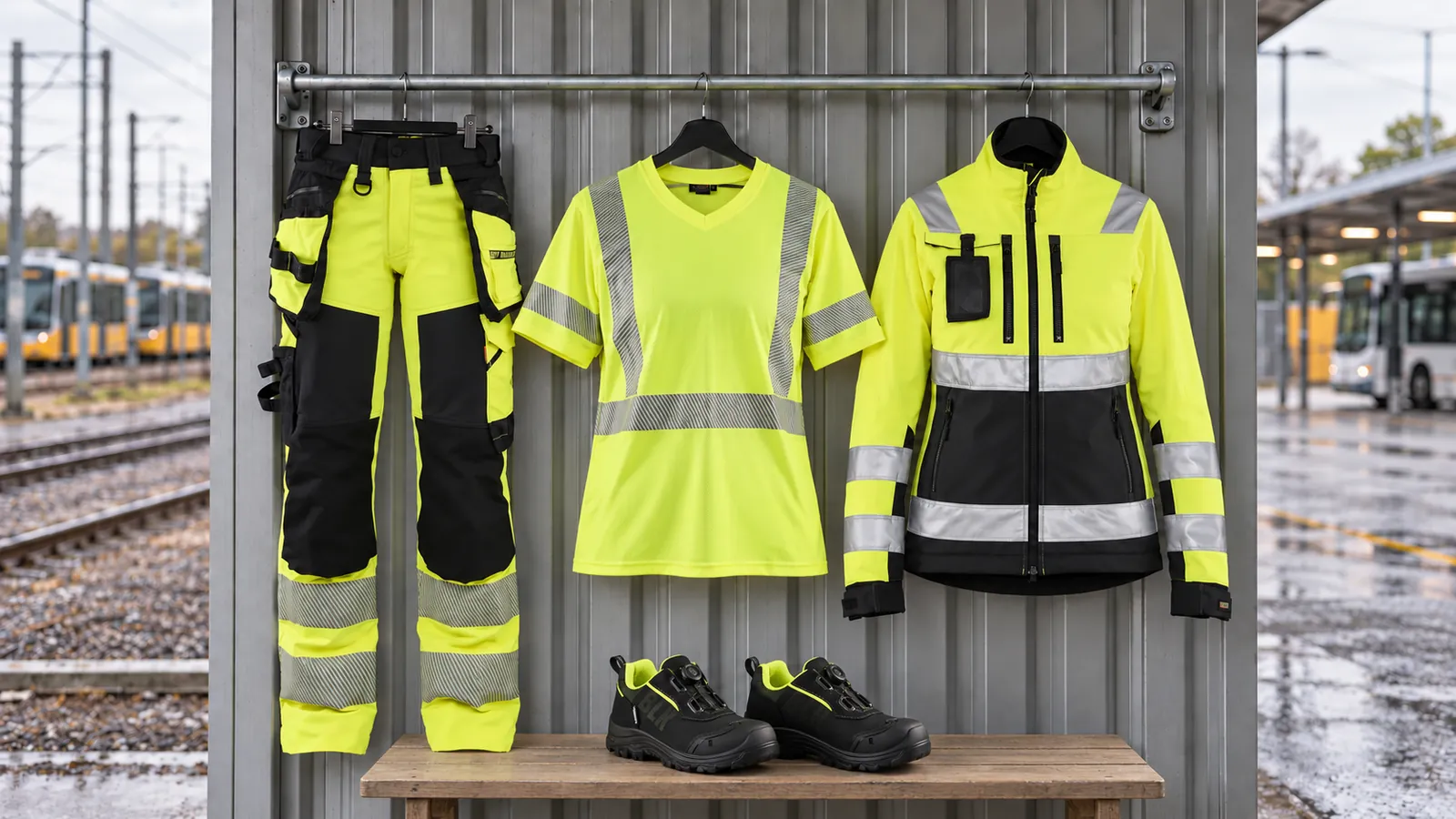 Damenausstattung: Damen High Vis Arbeitshose 4-Wege-Stretch 7022, Damen High Vis UV T-Shirt 3336, Damen High Vis Softshell Jacke 4902, STORM Sicherheitsschuh S7S Wasserdicht 2477.